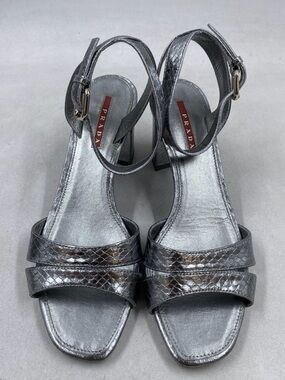 Prada Metallic Silver Textured Slingback Sandals